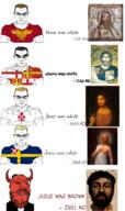 235 1100 1600 1868 2001 5soyjaks brown_hair brown_skin buff byzantine christianity chud classical_art_parody comic demon hair israel italy jesus judaism kike painting roman rome satan spqr stubble sweden text trend:aryan white_skin yellow_hair // 1216x2048 // 1.7MB