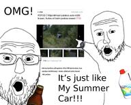 2soyjaks arm bleach car glasses hand hot_sauce open_mouth pointing soyjak stubble text variant:two_pointing_soyjaks watch wristwatch // 1282x1019 // 121.7KB