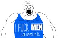 buff faggot gay homosexual men open_mouth sleeveless_shirt soyjak stubble text variant:chaosjak // 829x546 // 95.4KB