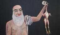 2soyjaks animal arm beard behold_a_man bloodshot_eyes chicken clothes crying diogenes glasses greece holding_object nipple open_mouth philosophy soyjak stubble variant:chudjak variant:soyak // 1331x786 // 304.6KB