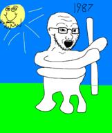 1987 alien baseball_bat beard grass meta:fucking_nonsense meta:poorly_tagged nonsense open_mouth poorly_drawn sky soyjak stubble sun variant:soyak // 1136x1349 // 20.0KB