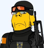badge glasses gun helmet holding_object janny moderator new_frootist_order police police_badge soyjak stubble uniform variant:gapejak // 774x840 // 126.4KB