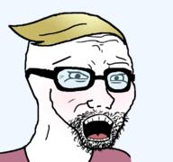 glasses hair open_mouth soyjak stubble variant:wojak yellow_hair // 800x750 // 159.5KB