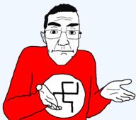 closed_mouth glasses guess_ill_die irl patrick_crusius photo pursed_lips red_shirt shrug shrugging subvariant:chudjak_front swastika variant:chudjak // 964x851 // 22.6KB