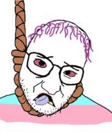 bloodshot_eyes glasses hair hanging lipstick noose open_mouth purple_hair rope soyjak stubble suicide tongue tranny variant:snopesjak yellow_teeth // 520x618 // 78.0KB