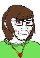 artist:nathaniel_higson brown_hair business_inquirer_(namefag) chara_(undertale) charafag frown glasses green_shirt heart necklace red_eyes rosy_cheeks stubble sweater undertale variant:soyak // 740x1075 // 58.1KB