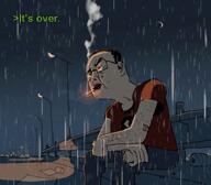 angry animated arm bandage bench body_hair box can cigarette city closed_mouth clothes crossed_arms drawn_background ear freckles garbage glasses greentext hair hand highway holding_object its_over jeans leg lightning lips lofi_hip_hop moon music night paper rain red_shirt redraw road sitting skyscraper smoke smoking soyjak storm streetlamp swastika text thick_eyebrows thinking torso variant:chudjak video // 1232x1080, 25s // 9.4MB
