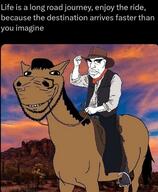 animal beard big_lips big_nose closed_mouth clothes cowboy desert glasses hat horse horseback_riding looking_at_you mutt op_is_an_aryan_beast_for_not_taging_his_own_posts saddle sky smile soyjak stubble subvariant:wholesome_soyjak teeth_showing twitter uniform variant:chudjak variant:gapejak variant:impish_soyak_ears western white_skin // 1052x1280 // 143.7KB