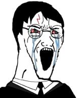 bloodshot_eyes clothes crying glasses hair harry_potter necktie open_mouth round_glasses soyjak stretched_mouth suit tv_(4chan) variant:soyak // 814x1000 // 170.6KB