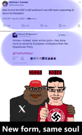 2016 2025 alt-right brown_skin fat friendship glasses hand maga nazism nick_fuentes pedophile pol_(4chan) richard_spencer right_wing subvariant:branigger swastika text thumbs_up twitter variant:brandon variant:chudjak xitter // 1346x2218 // 1019.2KB