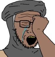 arab arm bloodshot_eyes clothes crying glasses hand hat open_mouth soyjak stubble tagelmust variant:soyak yellow_teeth // 782x805 // 19.1KB