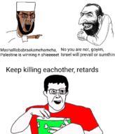 angry bloodshot_eyes chud crying england english_text goyim islam judaism kike moslem mudslime nas:merchant nuvariant pointing popcorn red_shirt sandnigger text variant:chudjak variant:unknown white_shirt // 532x621 // 127.2KB