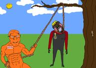 3soyjaks ack arm badge bald bloodshot_eyes blush brown_skin buff clothes cloud crying foot full_body glasses grass hair hand hanging holding_object hunky_twink_sex_machine jubille_(user) leg looking_at_you muscles nate nusoi nusoicaca orange_skin rope sky smile soot_colors stubble subvariant:wholesome_soyjak sun teeth tongue tree variant:bernd variant:feraljak variant:gapejak yellow_hair // 2100x1500 // 230.7KB