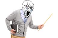 arm bloodshot_eyes book clothes crying glasses hand holding_book holding_object large_eyebrows necktie open_mouth soyjak stubble teacher variant:soyak // 1023x682 // 355.5KB