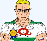arm award blue_eyes buff closed_mouth clothes eyes_like_the_o-o-cean flag flag:ingushetia flag:russia glasses hair ingushetia islam russia soyjak star_(symbol) star_and_crescent subvariant:chudjak_front subvariant:muscular_chud text transparent transparent_background tshirt variant:chudjak vein yellow_hair // 1059x929 // 79.5KB