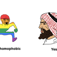 animated arab arm bloodshot_eyes crying flag full_body glasses hand islam leg lgbt nordic_chad open_mouth soyjak stubble text variant:soyak // 680x382 // 52.8KB