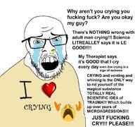 clothes crying emoticon fuck glasses heart i_love microaggression mucus open_mouth sad soyjak stubble tear text therapy trauma variant:feraljak wordswordswords // 1080x1013 // 720.2KB