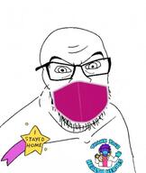 angry arm badge coronavirus_pandemic doctor glasses hand mask mouth_mask purple_skin soyjak star stubble surgical_mask text variant:feraljak waving // 600x713 // 37.9KB