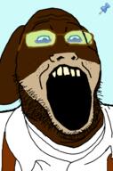 animal bobo_the_sharty_janny clothes glasses janny monkey open_mouth push_pin soyjak sticky stubble suspenders variant:markiplier_soyjak2 // 645x973 // 80.8KB