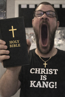 bible big_mouth christian_cross christianity cross extended_mouth glasses holding_bible holding_book meta:ai_generated open_mouth photo realistic text variant:james_youniverse // 1024x1536 // 1.8MB