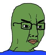 bald blue_shirt chud frog frown glasses green_skin lips pepe_the_frog thick_eyebrows variant:chudjak white_background wrinkles // 640x770 // 11.7KB