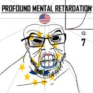 anchor angry bald black_eyes black_hole black_sclera clenched_teeth closed_mouth cracked_teeth drool ear flag flag:rhode_island flag:united_states glasses hair iq iq_bell_curve mustache nightmare_fuel no_pupils profound_mental_retardation retard rhode_island soyjak star_(symbol) state stubble text united_states variant:feraljak wrinkles // 1024x1024 // 87.5KB