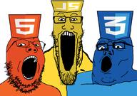 3soyjaks blue_skin clothes css glasses hat html javascript open_mouth orange_skin trend:soyjak_trio variant:gapejak variant:markiplier_soyjak variant:tony_soprano_soyjak yellow_skin // 828x581 // 88.6KB
