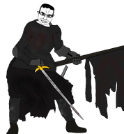 armor chud clothes flag full_body glasses holding_object medieval soyjak subvariant:chudjak_front sword transparent_background variant:chudjak // 2782x3000 // 1.6MB