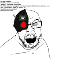 angry cyborg fal glasses mustache open_mouth soyjak stubble text variant:feraljak // 400x400 // 51.7KB
