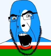 flag flag:sakha full_head glasses hair looking_to_the_right open_mouth russia sakha soyjak stubble teeth text transparent transparent_background variant:cobson // 721x789 // 20.8KB