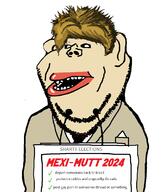 amerimutt clothes ear hair mexican_twink necktie open_mouth podium soyjak stubble subvariant:impish_amerimutt text variant:impish_soyak_ears yellow_hair // 958x1123 // 166.7KB