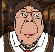 bar bartender brown_hair clothes drawn_background glasses grin harry_potter hogwarts_legacy lipstick necktie sirona_ryan smile soyjak stubble tranny variant:bernd vest video_game // 1200x1125 // 331.6KB