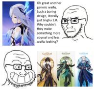 2soyjaks alhaitham anime calarts genshin_impact hoyoverse neuvillette skirk smile so_true subvariant:soyak_(irritated) variant:soyak video_game zhongli // 1001x942 // 907.7KB