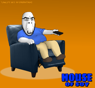 artist:cobsontalks blue_shirt chair family_guy khaki_pants logo orange recliner variant:cobson // 2568x2389 // 834.5KB