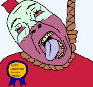 ack award benson bloodshot_eyes cartoon_network crying dead gumball gumball_machine mouth_open nigger open_mouth regular_show rope soyjak suicide tongue variant:bernd // 771x723 // 37.8KB