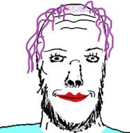 closed_mouth lipstick purple_hair smile stubble subvariant:bighead tranny variant:a24_slowburn_soyjak // 412x421 // 10.7KB