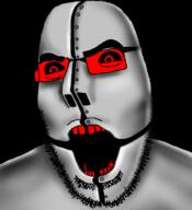 angry black_background doddermod_(user) glasses open_mouth red_eyes red_glasses red_teeth robot soyjak stubble variant:cobson // 721x789 // 189.2KB