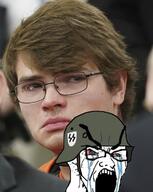 angry bloodshot_eyes combat_helmet crying german_uniform helmet irl_background nazism open_mouth schutzstaffel soyjak stubble teeth variant:soyak // 960x1206 // 119.2KB