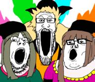 3soyjaks anime glasses hair matara_okina nishida_satono open_mouth soyjak stubble teireida_mai touhou trend:soyjak_trio variant:gapejak variant:markiplier_soyjak variant:tony_soprano_soyjak video_game // 968x832 // 51.4KB