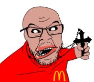 amerimutt bald black_sclera christianity cross glasses holding_object lips mcdonalds pink_skin red_shirt stubble teeth variant:feraljak // 1045x908 // 72.5KB