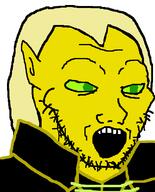 altmer clothes elf glasses green_eyes green_sclera hair open_mouth pointy_ears soyjak stubble thalmor_justiciar the_elder_scrolls the_elder_scrolls_v:_skyrim variant:soyak video_game yellow_hair yellow_skin // 644x800 // 18.7KB