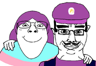 2soyjaks chud_troon_alliance conservativewaluigi_(namefag) couple friendship happy meta:namefags mustache overalls purple_hair purple_shirt smile subvariant:59_percent subvariant:bridget subvariant:chudjak_front variant:bernd variant:chudjak variant:gapejak waluigi // 834x575 // 18.3KB