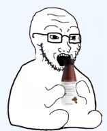 bottle full_body glasses holding_bottle holding_object holding_soylent looking_to_the_right open_mouth sitting soy soyjak soylent soylent_(creamy_chocolate) stubble transparent_background variant:soyak // 1674x2048 // 557.5KB