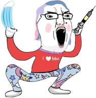 bbc blue_hair choker clothes facemask full_body glasses hair hand hands_up holding_object holding_syringe i_love nose_piercing open_mouth pikachu pink_hair pokemon purple_hair soyjak syringe tranny variant:chudjak // 1080x1100 // 124.4KB