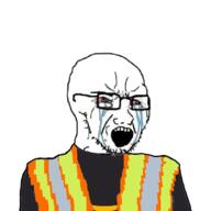 amazon angry clothes crying glasses jacket open_mouth orange process_assistant soyjak stubble variant:soyak wagie // 554x554 // 63.3KB