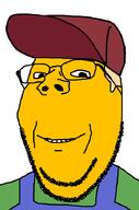 clothes glasses hat open_mouth smile sneed soyjak stubble subvariant:wholesome_soyjak variant:gapejak yellow_skin // 600x905 // 24.4KB