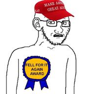award baseball_cap cap clothes donald_trump ear fell_for_it_again_award glasses hair hat looking_at_you maga maga_hat make_america_great_again open_mouth soyjak stubble subvariant:soyak_(concerned) teeth text united_states variant:soyak white_background // 1043x1043 // 71.7KB