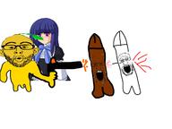 3soyjaks anime bbc bernkastel black_skin blood bowtie bwc clothes food gun lemon open_mouth penis purple_eyes soyjak stubble umineko variant:markiplier_soyjak variant:nojak video_game white_skin yellow_skin // 1200x900 // 259.6KB