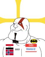 Warrior-Z(user) afghanistan arabic_text aryan batman batman_(series) beard blue_eyes buff closed_mouth county cross flag flag:iraq flag:norway flag:taliban flag:trøndelag goatee god_of_war hair hello_my_name_is_(sticker) iraq kratos norway shahada smile soyjak subvariant:mexiaryan taliban text trøndelag variant:meximutt video_game // 886x1120 // 74.8KB
