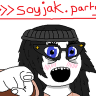 beanie blue_eyes blush clothes female glasses hair hand hat open_mouth pointing pointing_at_viewer soyjak soyjak_party text variant:soytan // 436x382 // 14.5KB